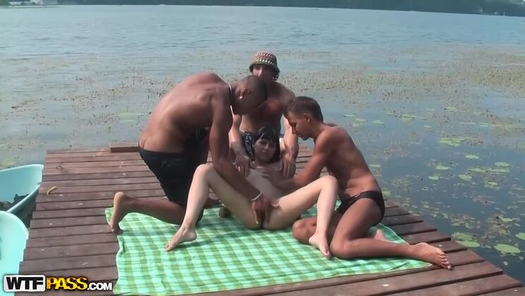 Russian Brunette Ilya Gets Fucked Hard by Maxim and Eric Outdoors