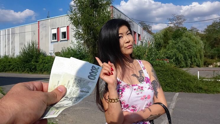 Slutty Asian babe sucks huge dick