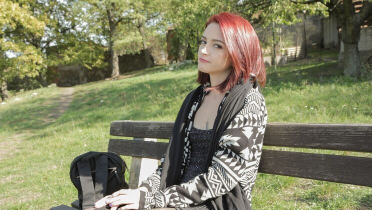 Redhead Lola Fae fucks Euro stud outdoors