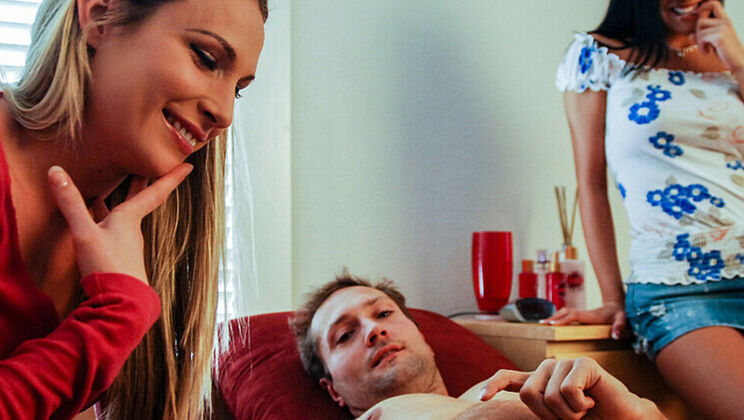 Blonde and Brunette Babes Come Across Morning Wood