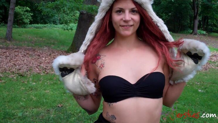 Minka & Krissi Lesbian Park Fun - Blonde & Redhead Lingerie Play