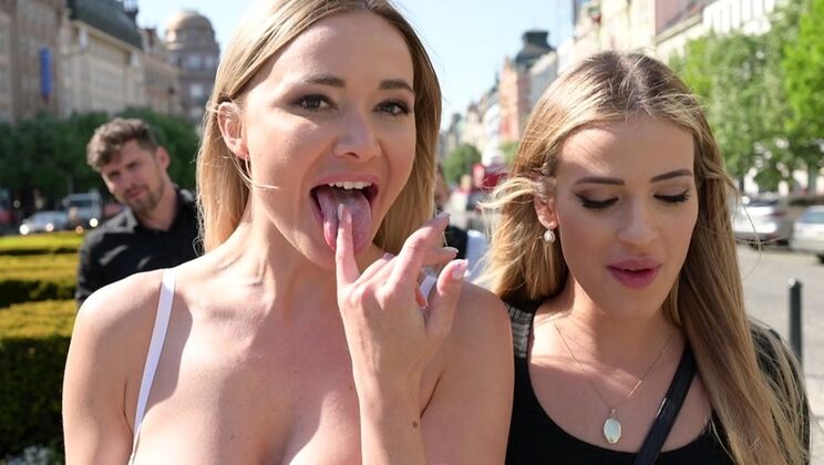 Blonde Ria Sunn Fingers Venera Maxima's Shaved Pussy