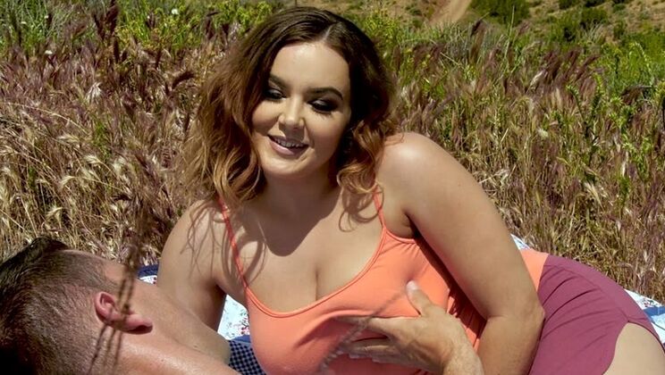 Curvy busty Natasha Nice licking cock with mouth, amazing cleavage show GP1241