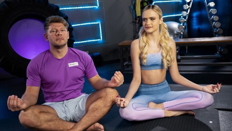Blonde babe Novella Night takes Michael Fly's big cock in deep throat yoga session